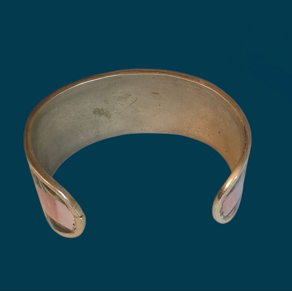 Vintage Silver Abalone with Mother of Pearl Flower Cuff Bracelet - See Note - Picture 4 of 6